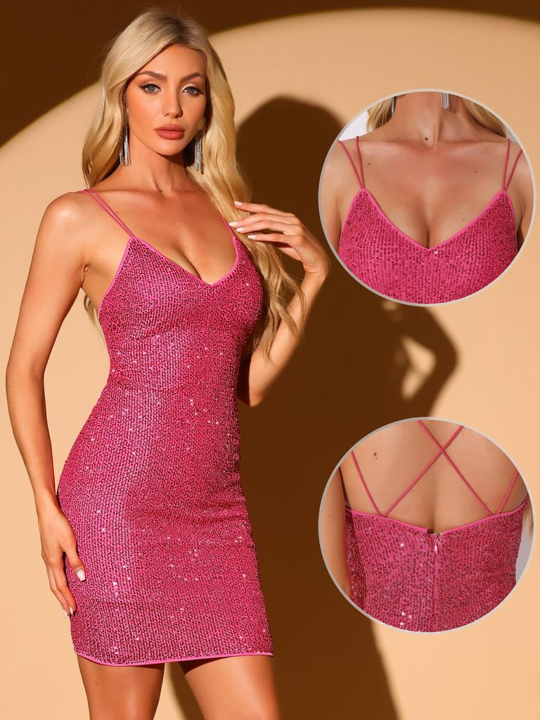 Allegra K Women's Sequined Dress, Backless, V-Neck, Mini Party/Club Dress, Hot Pink, Size XS, Halloween Costume