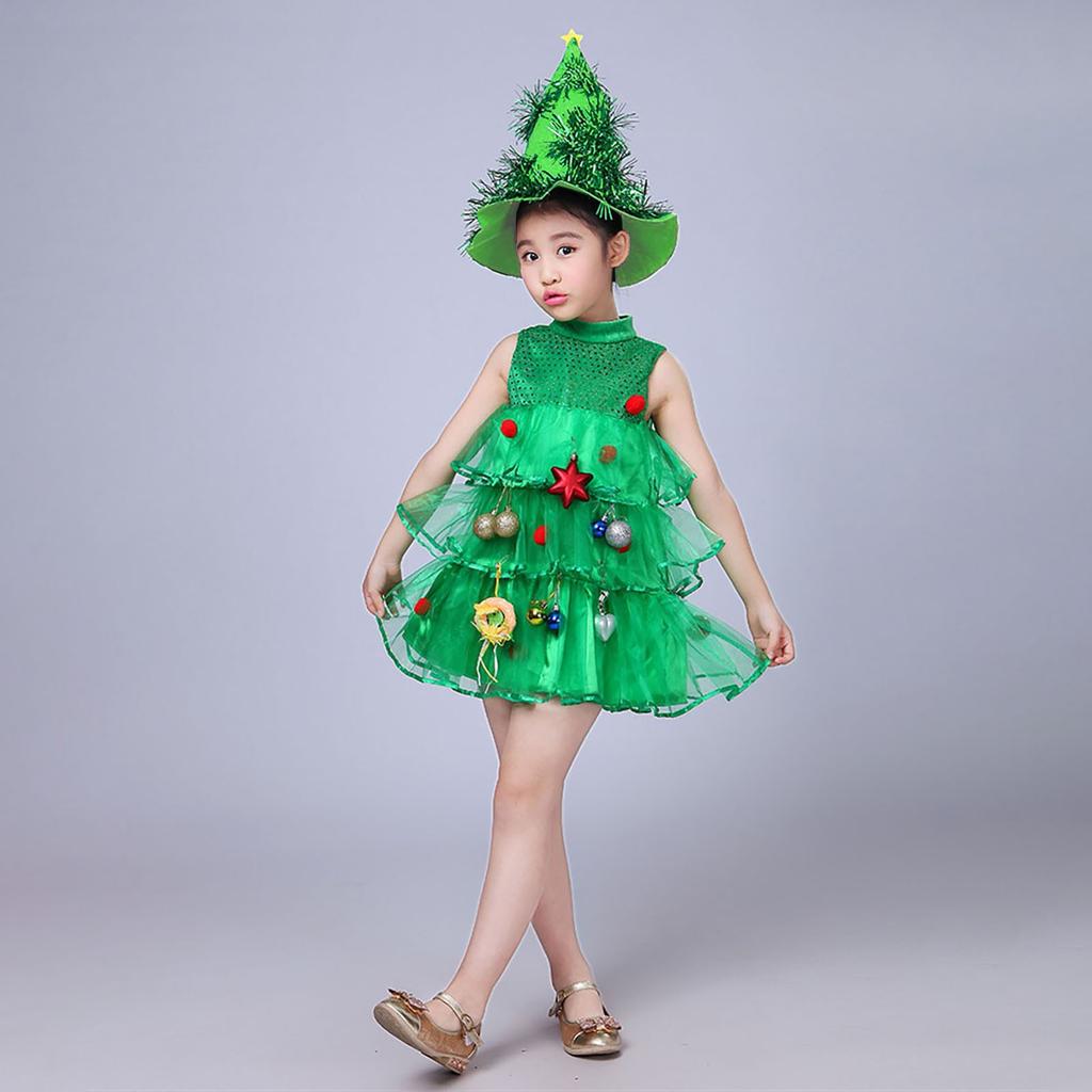 Toddler Kids Baby Girls Christmas Tree Costume Dress Tops Party Vest+Hat Outfits