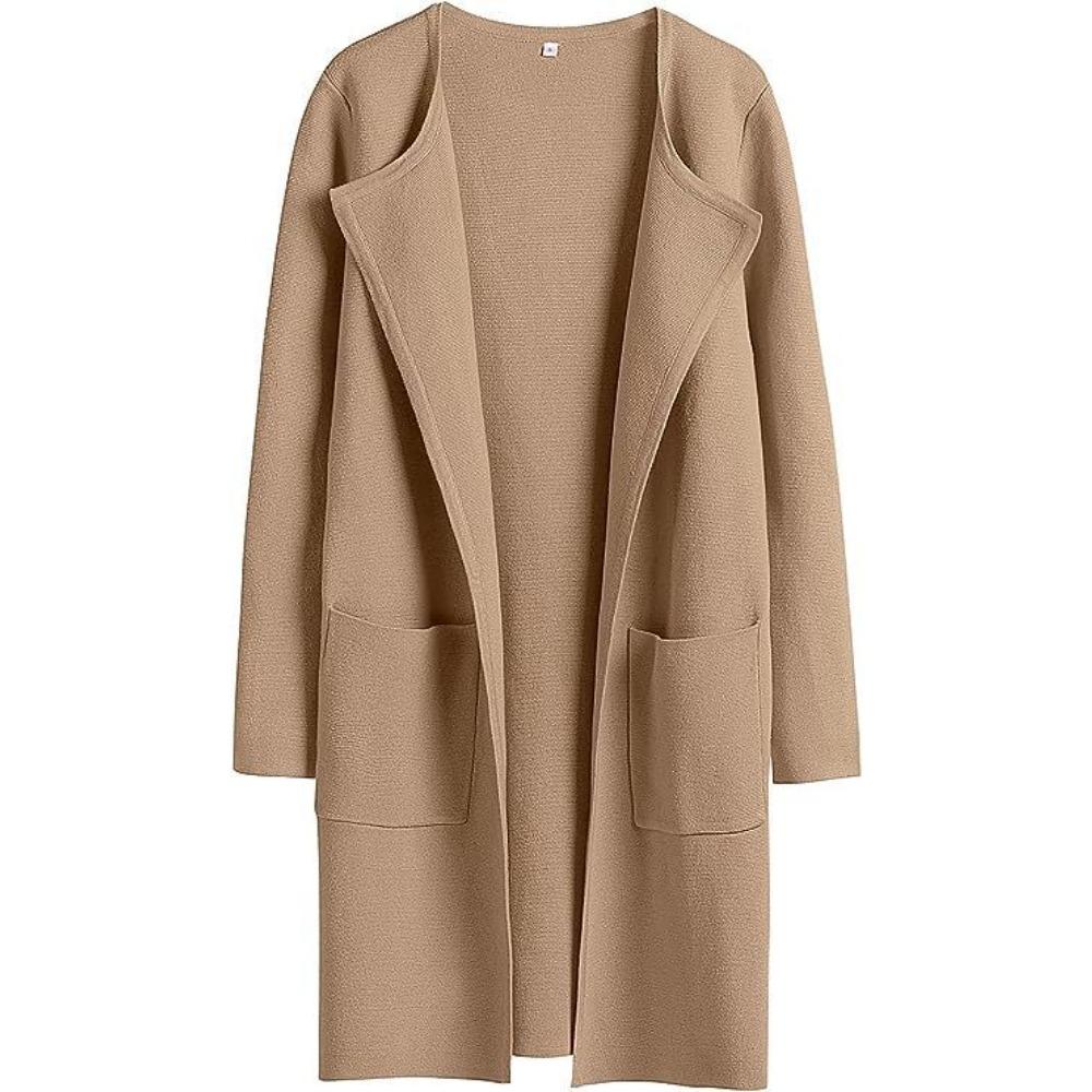 Women's Turn Down Collar Long Sleeve Loose Fit Casual Long Knit Cardigan Solid Color Pocket Sweater Coat