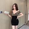 Low-cut Single-shoulder Leopard Print Celebrity Temperament Fringed Lotus Leaf Edge Waist-wrapped Hip Contrasting Color Base Mesh Splicing Dress