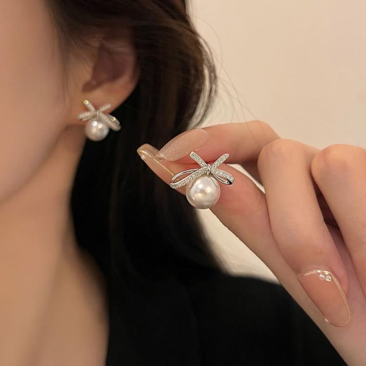 PONYKISS  Sterling Silver Zircon Pearl Bowknot Stud Earrings for Women Minimalist Cute Fine  Light Luxury Accessories