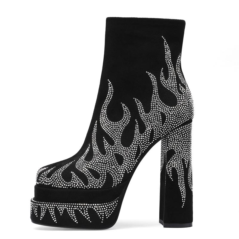 Módní Kaky's Nové Boty na vysokém podpatku s kulatou špičkou Vodotěsná platforma Silná podrážka Velká velikost Kamínkové dámské boty Kotníkové boty Módní boty