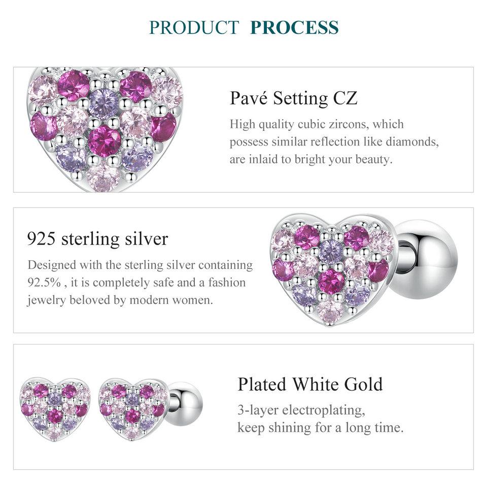 Bamoer 925 Sterling Silver Náušnice Duhové srdíčko Vintage Party pozlacené bílé zlato pro ženy Jemné šperky