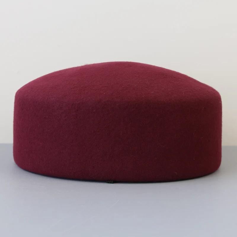 Winter New French Vintage Round Top 100% Wool Fedoras Hat Wedding Church Party Pillbox Caps Warm Women Hard Top Felt Berets Hat