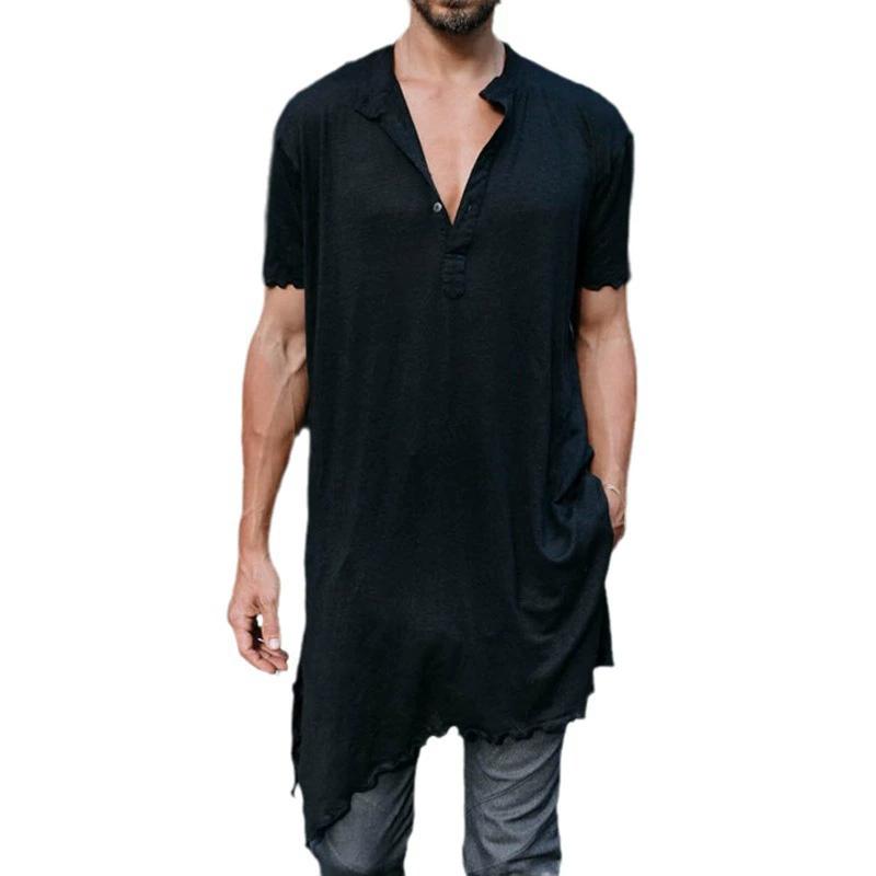 Summer T-Shirts Men Vintage Irregular Ripped Design Men's Long Casual Button O-Neck Short Sleeve Tops Streetwear Men Fashion Tees