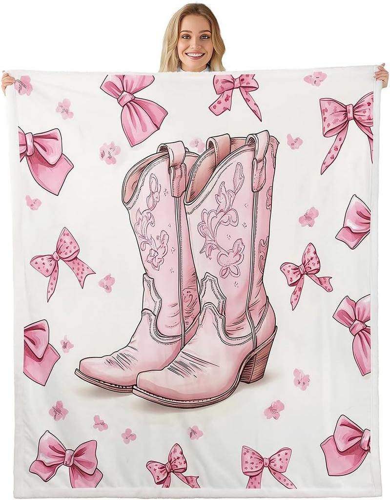 Blue Bow Pattern Blanket Soft Fleece Throw Elegant Home Decor Gift for Women Girls Bedroom Bedding Cover