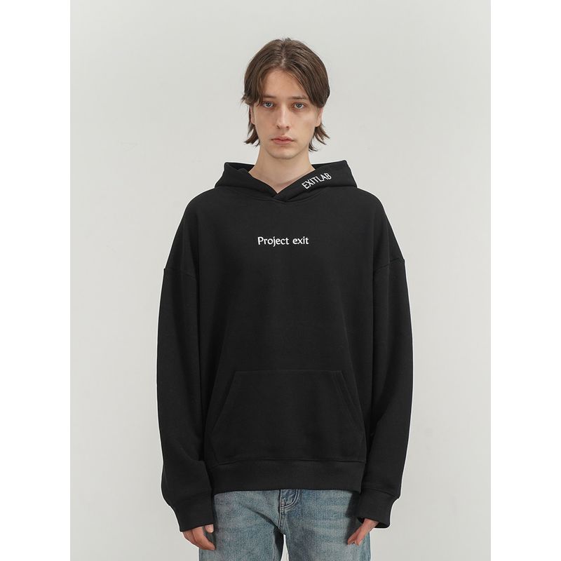 Black of Exit National Trend Basic Embroidered Loose Hooded Sweatshirt for Men and Women High Street Design Fleece Hoodie