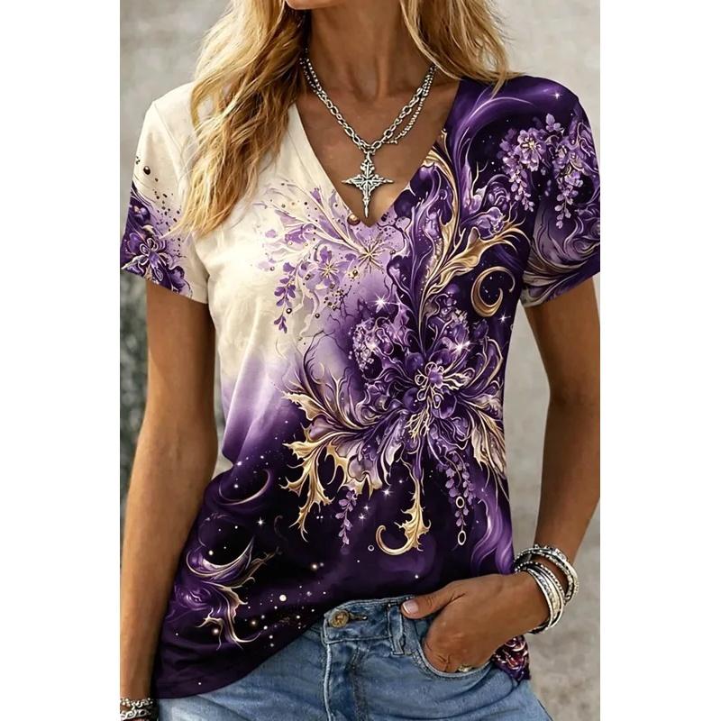 Women's Fantasy Floral Print V-Neck T-Shirt, Casual Short Sleeve Tops, Magic Style for Daily Wear