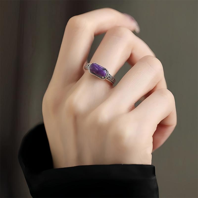 925 Sterling Silver Jewelry Vintage Purple Jade Open Finger Rings for Women Wedding Party Jewelry For Girls Friend Gift