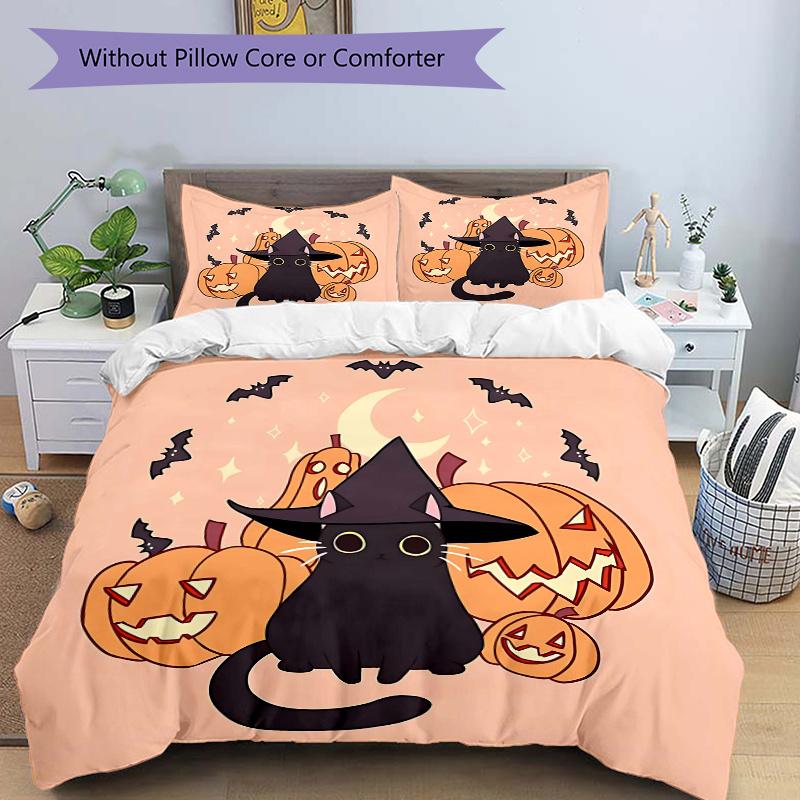 

3pcs Moon Bat Pumpkin Cat Bedding Set, Including 1 Quilt Cover and 2 Pillow Shams, Without Filling, Soft and Comfortable Home Bedroom N067 135x200cm
