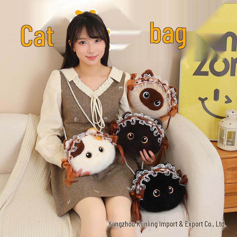 Borsa a tracolla in peluche gatto nero tricolore - Borsa a spalla carina, versatile e regalo di compleanno.