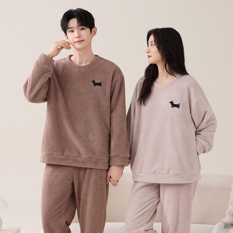 Half Fleece Couple Pajamas Autumn And Winter Coral Fleece Thickened Fleece Warm Suit Men'S And Women'S Casual Pullover Loungewear
