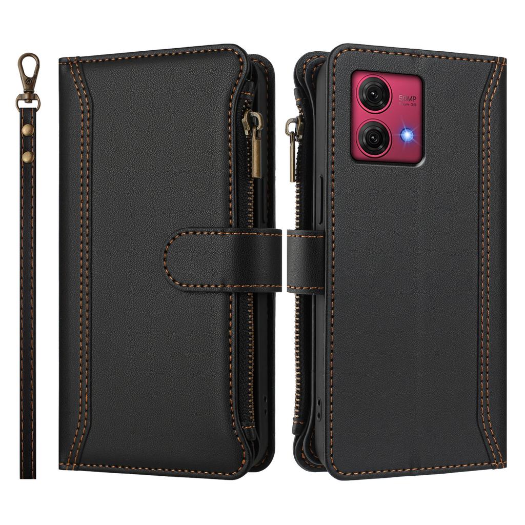 For Motorola Moto G84 5G Leather Case 9 Card Slots Zipper Wallet Stand Phone Cover with Wrist Strap