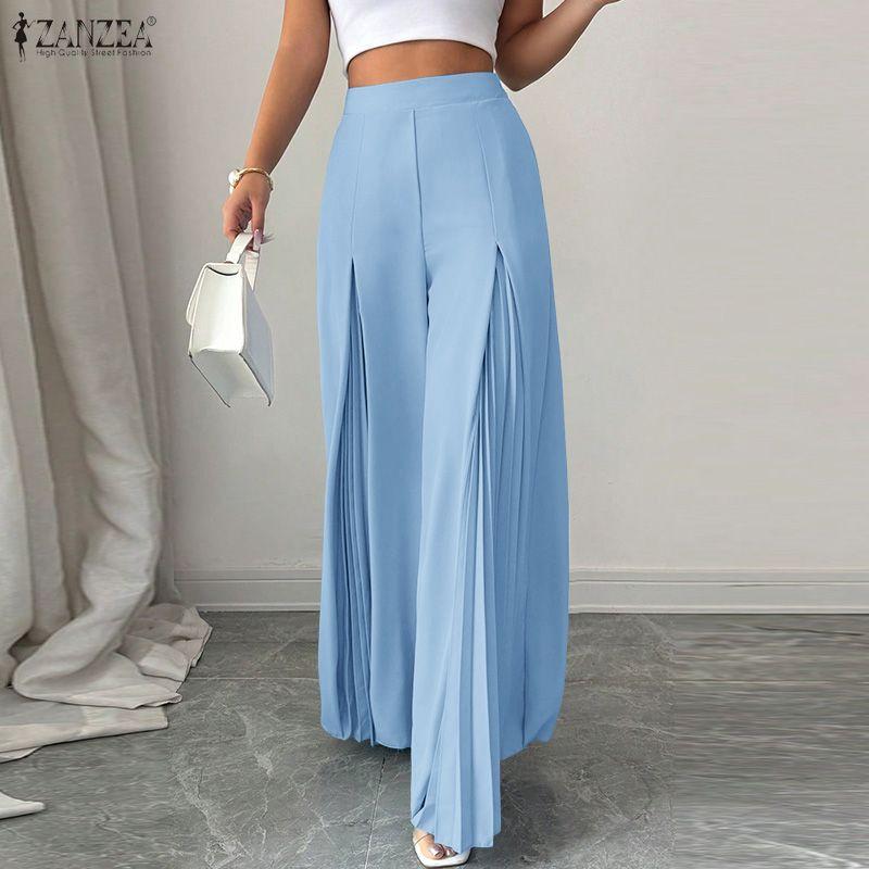 ZANZEA Women Casual Elastic Waist Solid Color Loose Wide Leg Pants