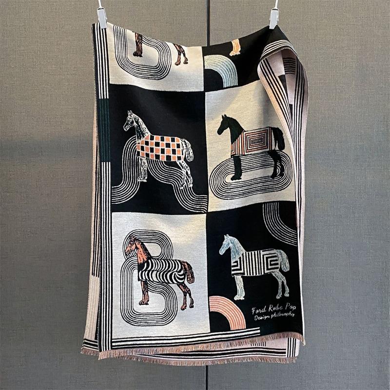 Autumn New Splicing Contrasting Color Jacquard Scarf Imitation Cashmere Warm Neck Protection Scarf with Fashionable Big Shawl