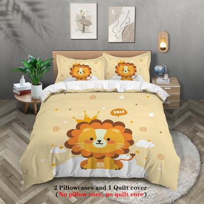 3-piece Down Duvet Cover with Cute Cartoon Yellow Lion Pattern Print (1 Duvet Cover+2 Pillowcases, No Core) Bedding Set