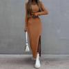 2025 Autumn Winter New Women's Knitted Stretch Set - Long Sleeve T-Shirt & High Slit Pencil Skirt Two Piece Outfit, Sexy Bodycon Office Casual Dress