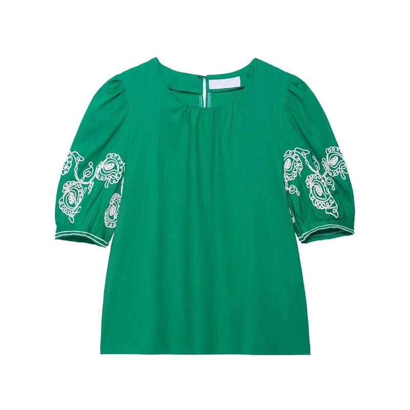 

Za round Neck Puffy Short sleeve Linen Blend Embroidered Top 2731105 Mid Waist Embroidered Wide Leg Pants 2731104 Green Tops M