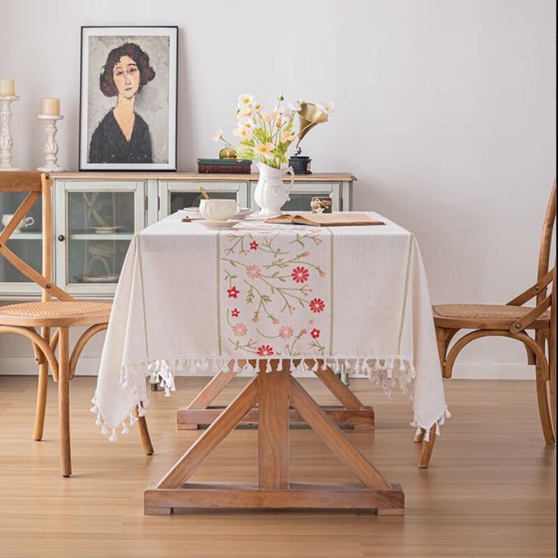 Embroidered Tassel Imitation Cotton Linen Tablecloth