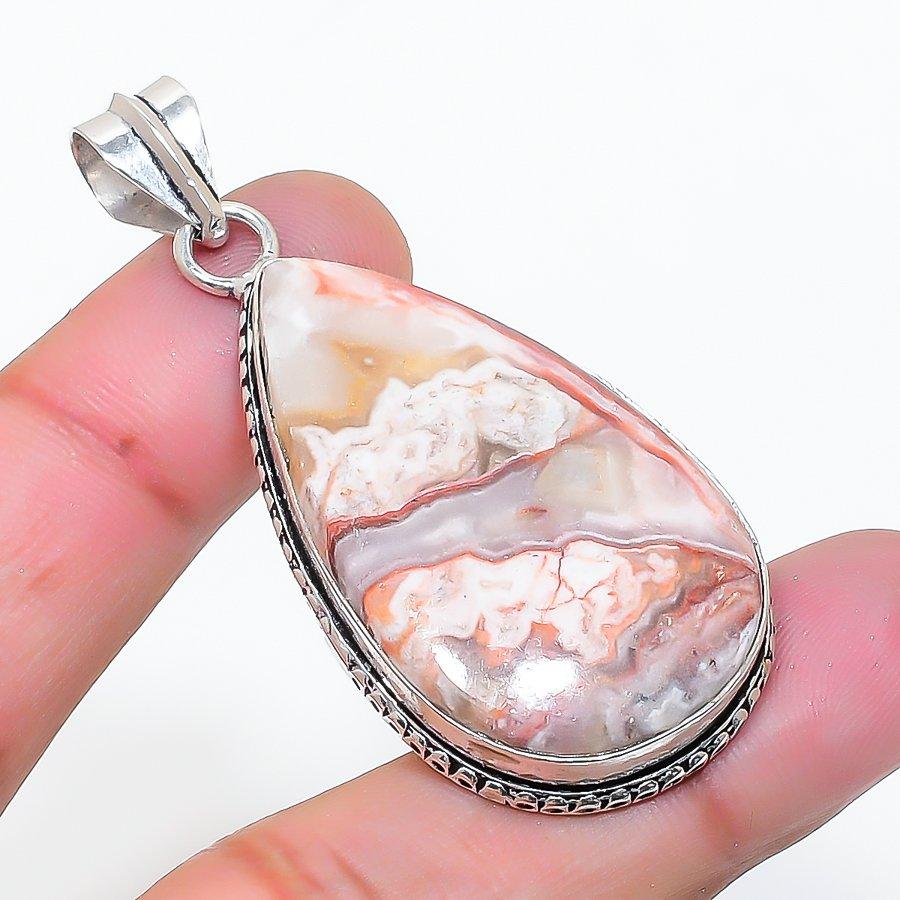 Natural Laguna Lace Agate Gemstone 925 Sterling Silver Pendant 2.13" AP-15237