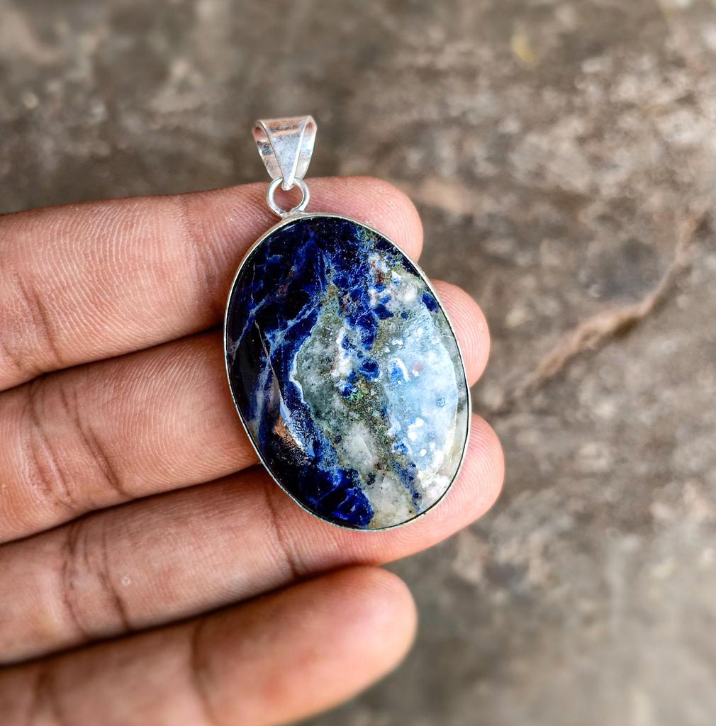 Natural Sodalite Gemstone Pendant, 925 Sterling Silver Plated Handmade Jewelry