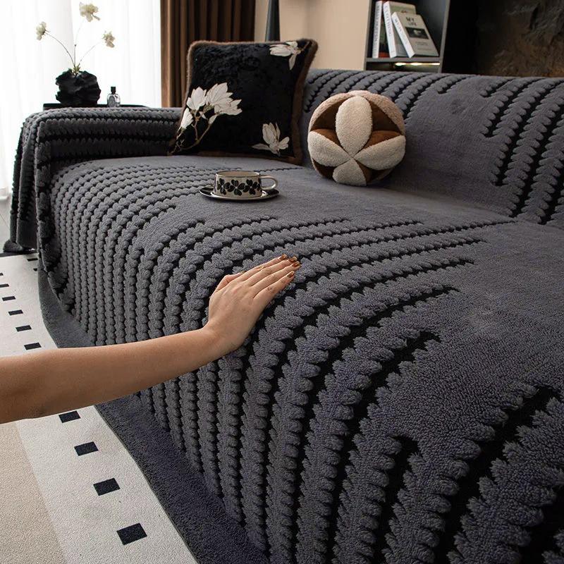 1pc gray Bohemian jacquard warm tufted sofa towel, Bohemian style soft thick blanket, suitable for living room sofa cover