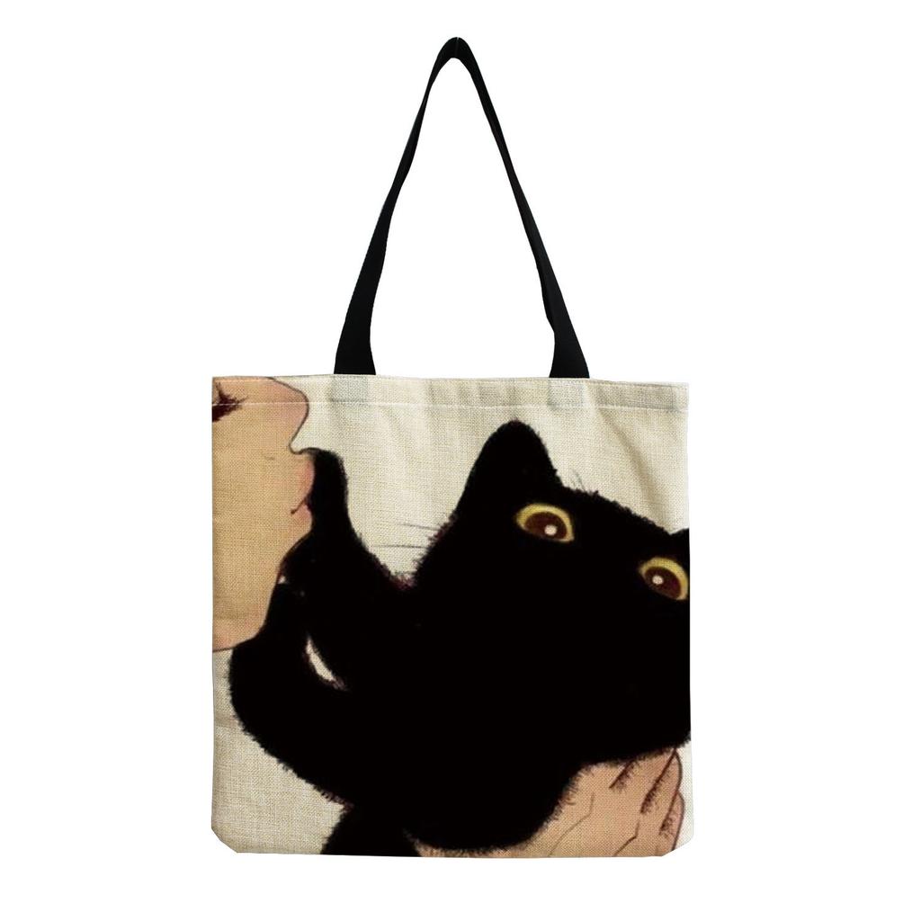 Damen Vintage Leinen-Tragetasche - Große Kapazität Katzen-Print Schulter-Handtasche für Freizeit & Lebensmitteleinkauf KTB