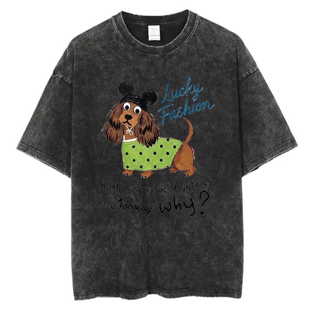 Cute Dachshund Cartoon Graphic Washed T Shirt Women Funny Puppy Print Tee Vintage Harajuku Streetwear Casual Short Sleeve Daily Wear Cool Top