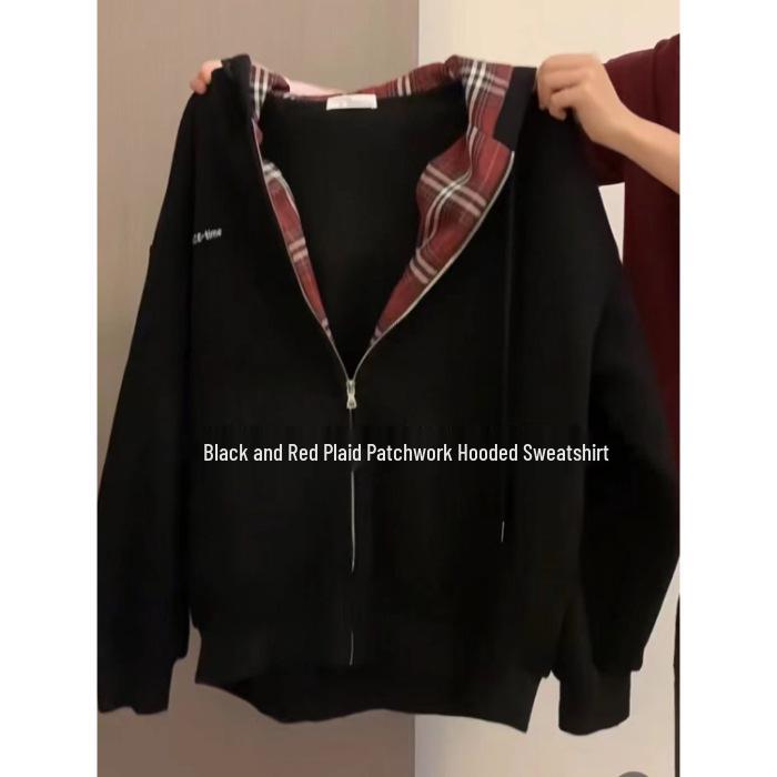 Women's Black Plaid Fleece-Lined Hooded Zip-Up Sweatshirt - Unique Design for Bestie Couples