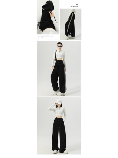 Women's American-Style Sweatpants with Side Stripe - High Waist, Slimming, Wide Leg - Spring/Autumn 2024