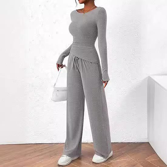 2025 Autumn Asymmetrical Long-Sleeve T-Shirt & Wide-Leg Pants Casual Loungewear Set
