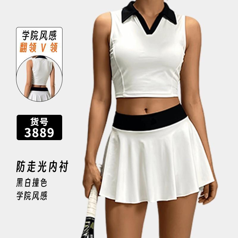 

Black White Contrasting Lapel Tennis Skirt Suit Women s Short Waist Quick-drying Anti-exposure Sports Women M