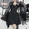 Vintage Gothic Black Lace T-shirt Elegant Flared Sleeve Smock Top See Through Sexy Cropped Tops Cardigan Streetwear