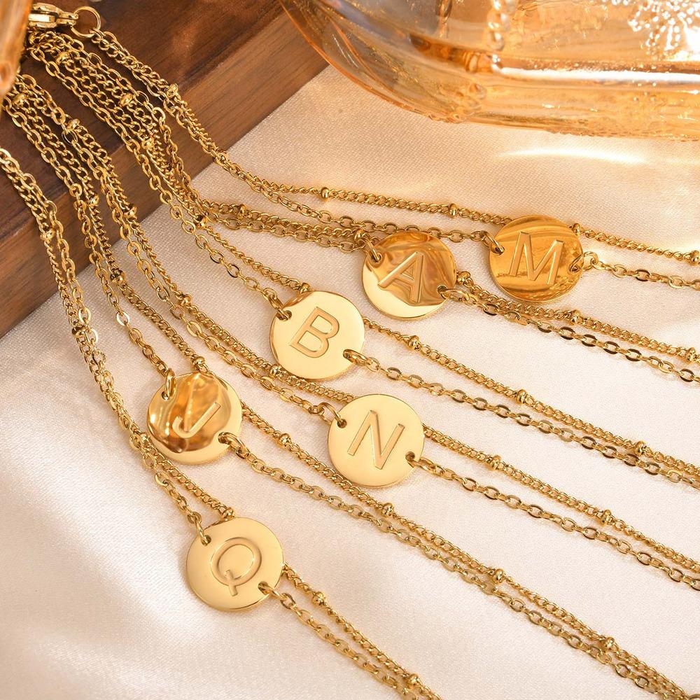 Vnox Dainty Initial Coin Bracelets, Womens Layerd A-Z Letters Monogram Bracelet, Stacked Stainless Steel Link Chain Bracelets