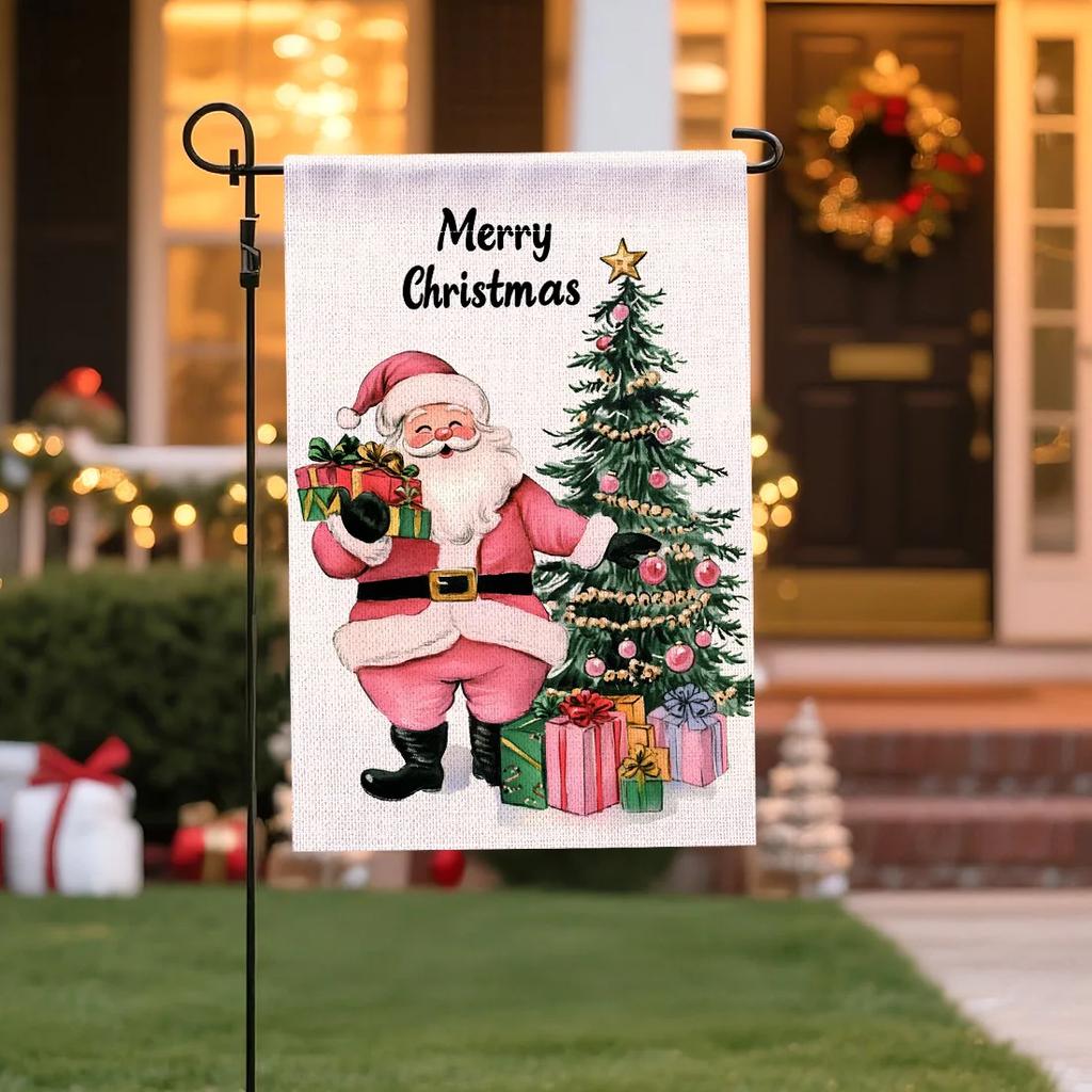 Merry Christmas Hanging Flags Garden Flag Banner Santa Claus Double-sided Printing Faux Linen Flags Home Garden Decoration