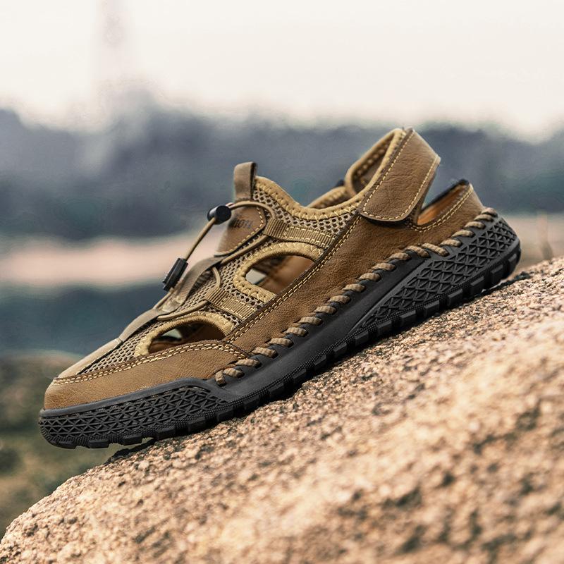 

Hand-stitched men s shoes outdoor casual shoes buckle flat-soled leather shoes summer low-top large-size cross-breathable mesh shoes men 46 темные хаки