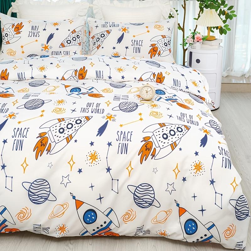 Fashionable Fresh Cute Cartoon Rocket Spacecraft Print Quilt Cover Home Three-Piece Set Comforter Bedding Collection