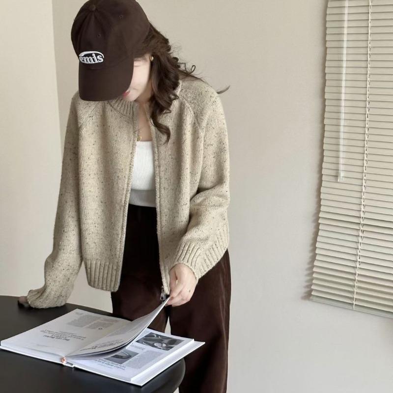 Retro Gentle Wind Variegated Knitted Cardigan Top Women's Autumn and Winter New Round Neck Short Lazy Sweater Jacket