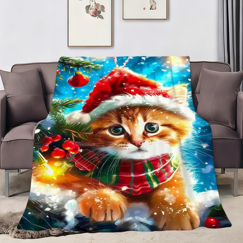 Cute fashion winter Christmas cat art Flannel soft warm plush blanket sofa living room pet hogar bedroom gift home Car portable