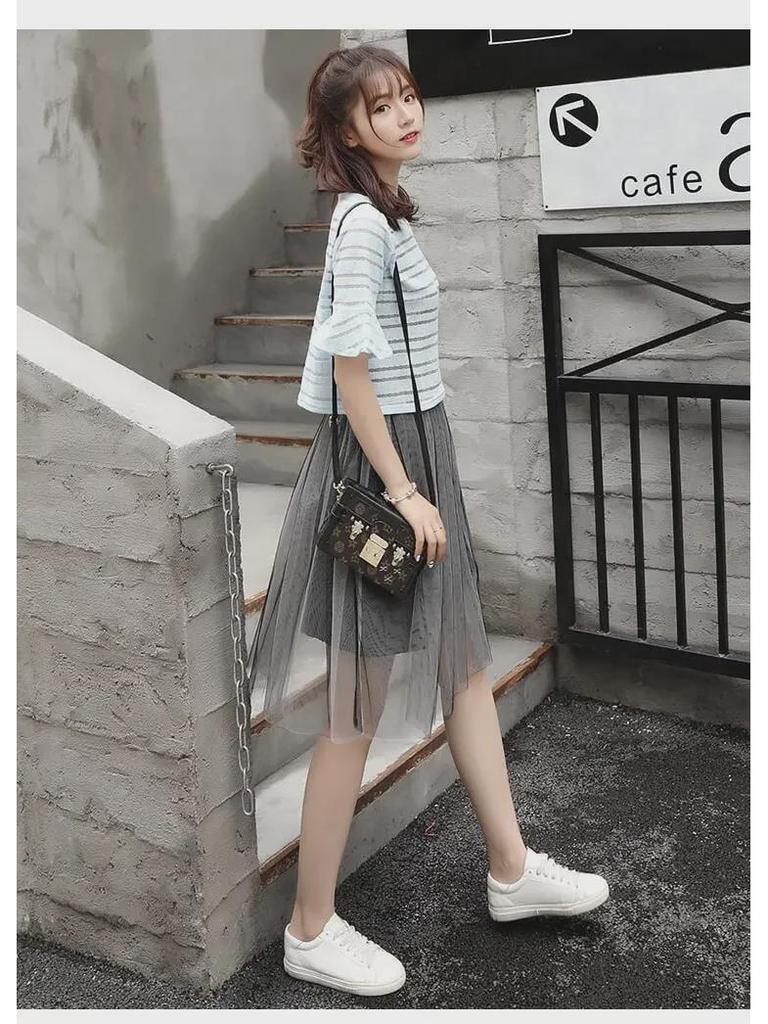 Summer 2023 Plus Size Mesh Suspender Skirt Set for Women - Waist Slimming, Two-Piece Dress