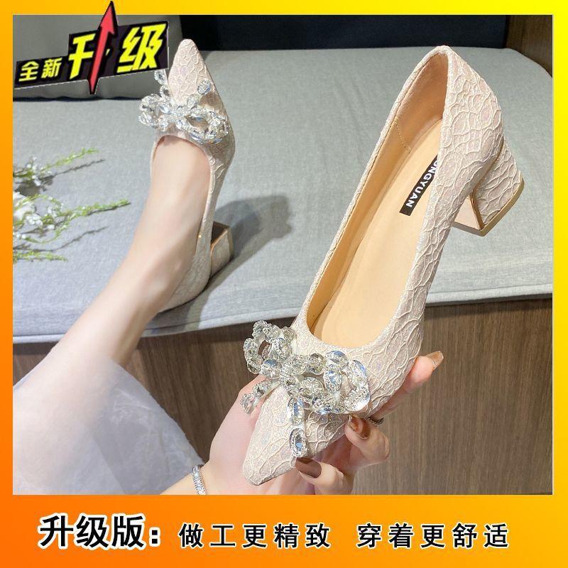 Pointed Rhinestone Bow Versatile Single Shoes Women's 2025 Spring and Summer New Thick Heel Sexy Light Mouth Wedding Shoes Middle Heel Shoes