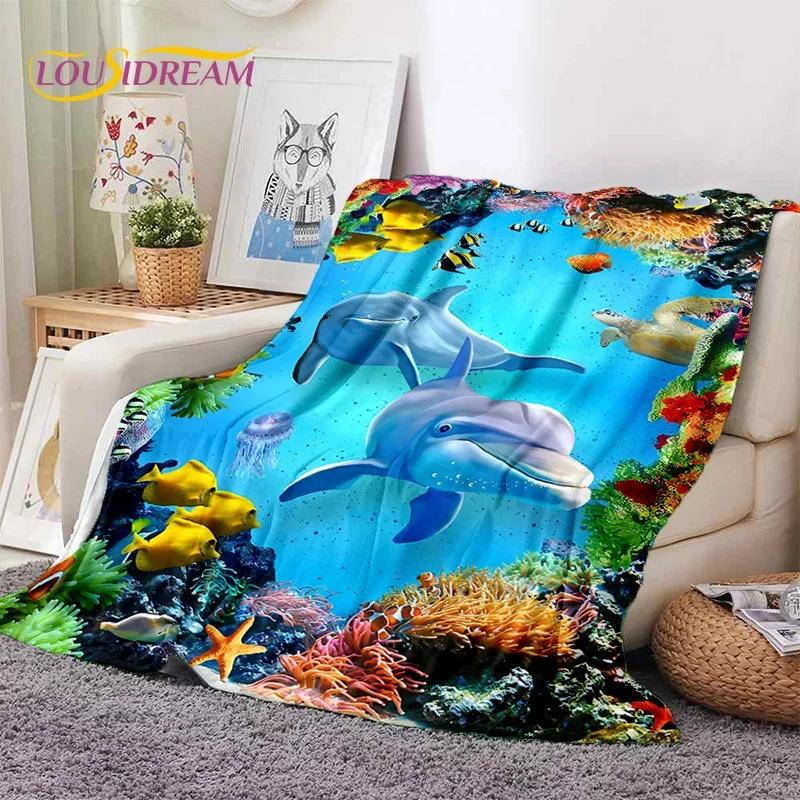 3D Illusion Underwater World Seabed Shark Dolphin Soft Flannel Blanket for Beds Bedroom Sofa Picnic,Throw Blanket Outdoors Gifts