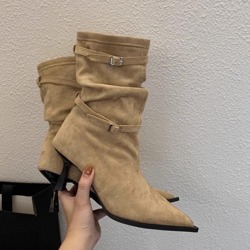 Autumn and winter new retro pointed thin heel short boots women's suede pleated piled boots high heel western boots