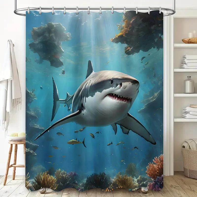 Blue Ocean Shark Bath Curtain Coral Reef Fish Decor Shower Curtain for Home Bathroom Decoration Wall Hanging