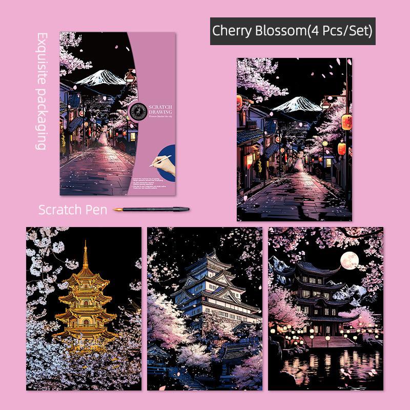 4Pcs/Set A3 Diy Scratch Painting Set Colosseum Forbidden City Cherry Blossom Castle Night View Laser Scratch Art Drawing Toys