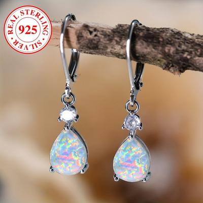 1 pár visících náušnic s bílým ohnivým opálem Bohemian Jewelry 925 Sterling Silver náušnice