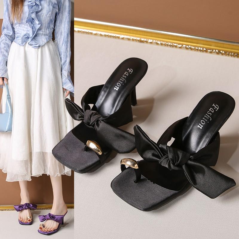 

French Fairy Style Square Toe Bow Flip Slippers Women s 2025 Summer New Outside Wear Stiletto Clip-Toe High Heels 35
