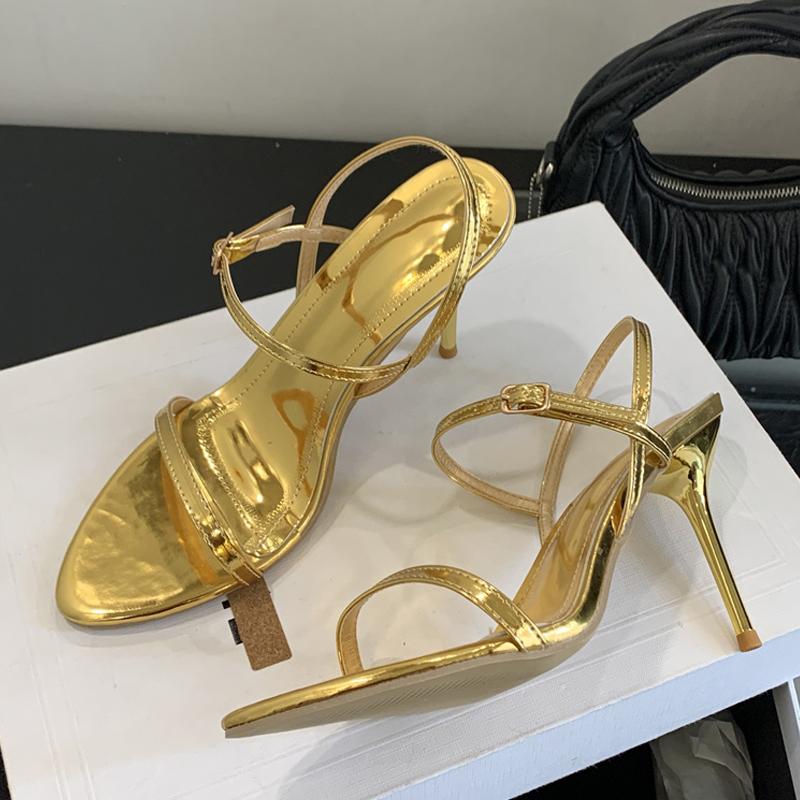 Gold Silver Patent Leather Women Sandals Fashion Round Open Toe Gladiator High Heels Party Dress Shoes Sandalias De Mujer