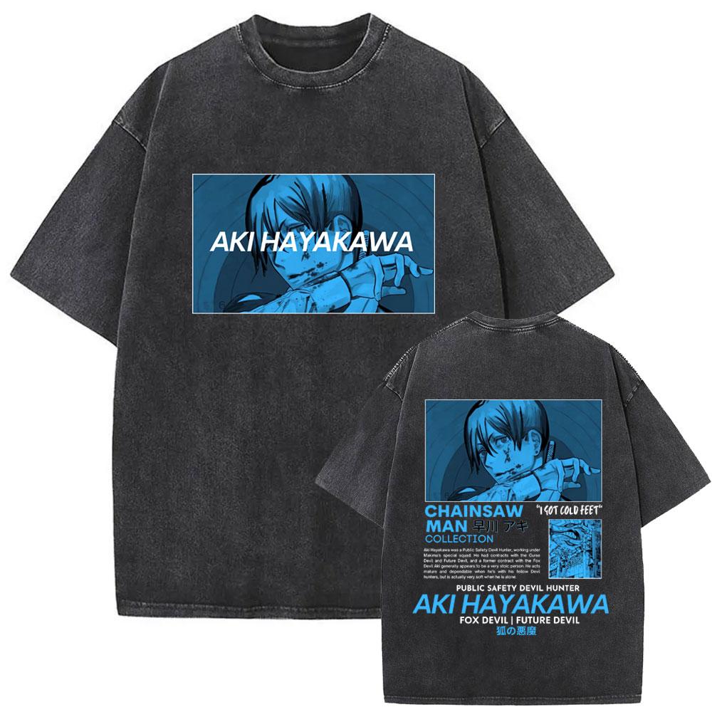 Anime Chainsaw Man Pochita and Denji Washed Vintage Tshirt Cartoon Manga Graphic T Shirt Men Casual Cotton Oversized Tshirts
