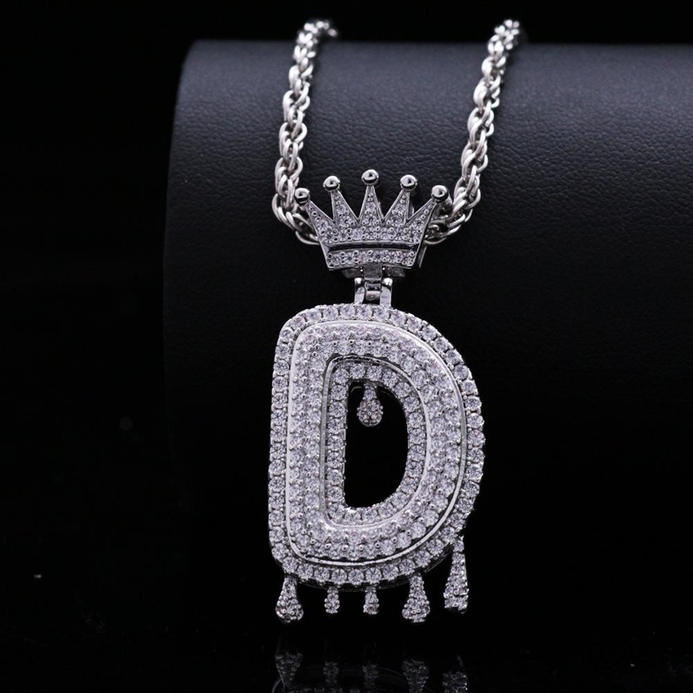 Stylish Hip Hop Zircon Crown Pendant Necklace with 26 English Letters for Women